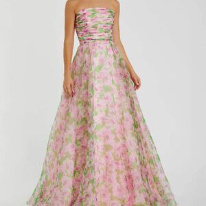 MacDuggal Pink Strapless Floral Chiffon Gown with Ruched Detail